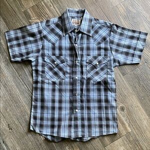 Ely Cattleman Blue and Black Plaid Short-Sleeve Western Shirt